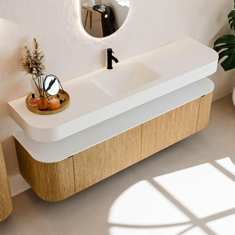 MONDIAZ THOR 180cm meuble de salle de bains arrondi gauche + droite couleur Oak avec 2 tiroirs et 2 portes. Vasque suspendue CLOUD Milieu 1 trou de robinet couleur Talc. SW1465889
