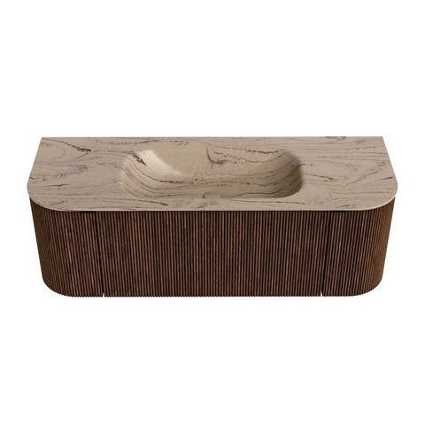 MONDIAZ KURVE-DLUX 130cm badmeubel ronding Links + Rechts kleur Walnut met 1 lade en 2 deuren. Wastafel BIG SMALL Midden 1 kraangat Arena. SW1431178