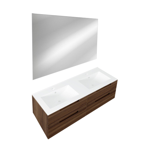 Saniclass Prime Balance Meuble de salle de bain - 120x55x45cm - 2 vasques rectangulaires en céramique blanc - 2 trous de robinet - 4 tiroirs - miroir rectangulaire - noyer SW1159472