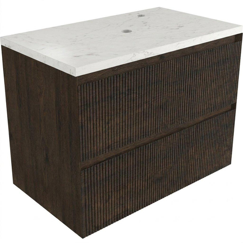 Saniclass Holz Atelier Badkamermeubelset - 80x45x63cm - Dia marmeren wastafelblad gepolijst (wit) - 1 kraangat - 2 lades - mat eiken charcoal (hout) SW1478343
