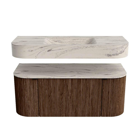 MONDIAZ THOR-DLUX 110cm badmeubel ronding links + rechts kleur Walnut met 1 lade en 2 deuren. Vrijhangende wastafel CLOUD Midden zonder kraangat kleur Nata. SW1462940