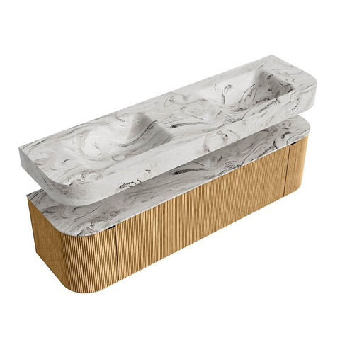 MONDIAZ THOR-DLUX Meuble de salle de bains - 170cm - arrondi gauche + droite - couleur Oak - 1 tiroir - 2 portes - Vasque suspendue CLOUD Double sans trou de robinet - couleur Glace SW1465430