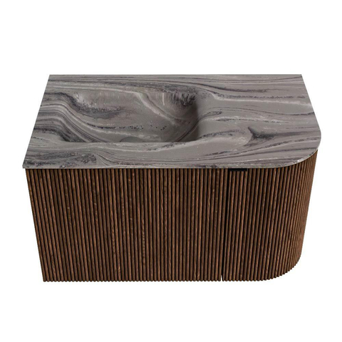 MONDIAZ KURVE-DLUX Meuble de salle de bains 75cm arrondi à droite couleur Walnut avec 1 tiroir et 1 porte. Lavabo GRUNNE à gauche 1 trou de robinet Sombra. SW1433626