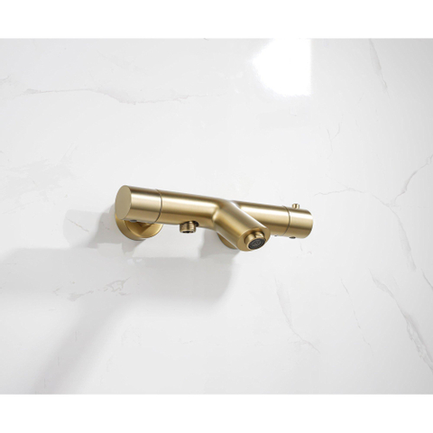 Fortifura Calvi Thermostatische badkraan met staafhanddouche, handdouchehouder en gladde doucheslang - PVD - geborsteld messing (goud) SW811958