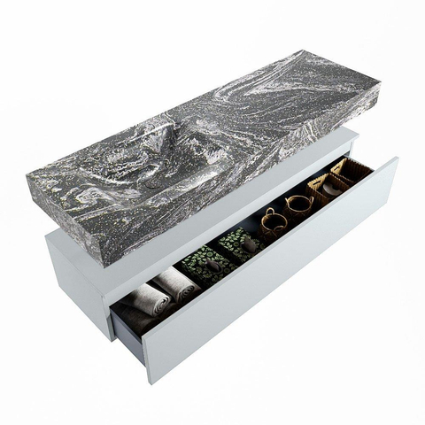 Mondiaz ALAN-DLUX Ensemble de meuble - 150cm - meuble Clay mat - 1 tiroir - Lavabo Cloud Lava suspendu - vasque Gauche - 1 trou de robinet SW808461