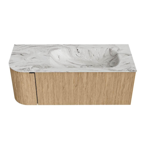 MONDIAZ KURVE-DLUX meuble de salle de bains 115cm avec module 25 L couleur chêne avec 1 tiroir et 1 porte. Lavabo BIG SMALL à droite sans trou de robinet couleur Glace. SW1137918