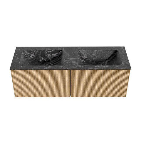 MONDIAZ KURVE-DLUX Meuble de salle de bains 130 cm couleur Oak avec 2 tiroirs. Lavabo LEAF double 2 trous de robinet couleur Lava. SW1137181