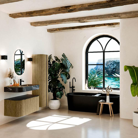 MONDIAZ THOR-DLUX 100cm meuble de salle de bains arrondi gauche + droite couleur Dusk avec 1 tiroir et 2 portes. Vasque suspendue CLOUD Droite 1 trou de robinet couleur Lava. SW1467346