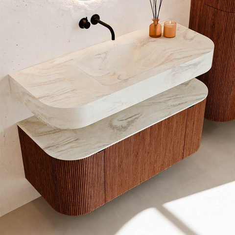 MONDIAZ THOR-DLUX Meuble de salle de bains 110cm arrondi gauche + droite couleur Ruby avec 1 tiroir et 2 portes. Vasque suspendue CLOUD Centre sans trou de robinet couleur Ostra. SW1462862