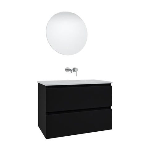 Saniclass Chaci Meuble de salle de bain - 80x46x55cm - lavabo en céramique blanc - 1 vasque - sans trous de robinet - 2 tiroirs - ronde miroir avec éclairage - noir mat SW816269