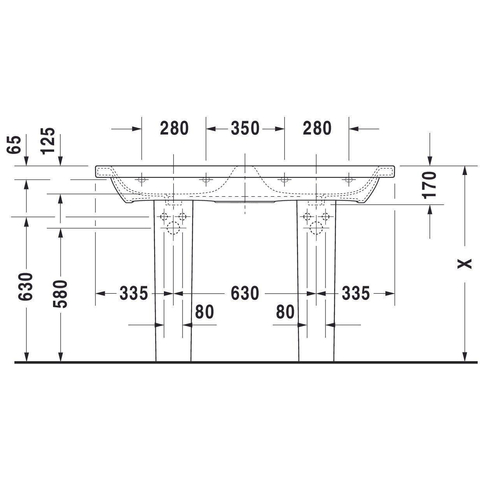 Duravit Durastyle Dubbele wastafel - 130x48cm - met 2 kraangaten - met overloop - wit SW88235