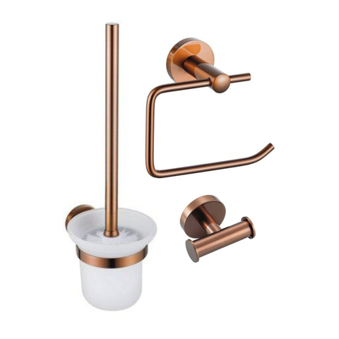 Fortifura Calvi Toiletset 3-delig - toiletrolhouder - zonder klep - toiletborstel - handdoekhaak dubbel rond - PVD - geborsteld koper SW1248428
