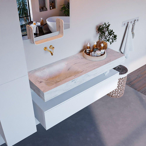 Mondiaz ALAN-DLUX Ensemble de meuble - 130cm - meuble Talc mat - 1 tiroir - Lavabo Cloud Opalo suspendu - vasque Gauche - 0 trous de robinet SW806253