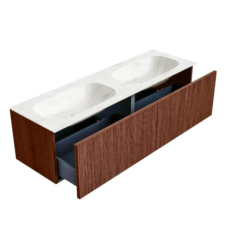 Mondiaz KURVE-DLUX Ensemble meuble de salle de bains - 150x46x40cm - 2 tiroirs - lavabo solid surface - double - sans trou de robinet - Ruby SW1415939