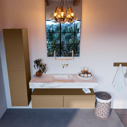 Mondiaz ALAN-DLUX Ensemble de meuble - 130cm - meuble Oro mat - 2 tiroirs - Lavabo Cloud Frappe suspendu - vasque Centre - 0 trous de robinet SW804724