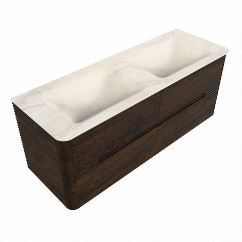 Mondiaz CIRO-DLUX Meuble de salle de bains - 130x45x50cm - Plan vasque Solid surface Ostra - 2 vasques Double - 2 trous de robinetterie - 4 tiroirs - Noyer SW1530359