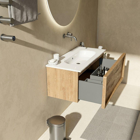 Saniclass Holz Frame Ensemble de meubles de salle de bains - 100x45x53.9cm - Chaci lavabo en céramique blanc - 1 vasque - sans trou de robinetterie - 1 tiroir - chêne natural mat (bois) SW1478809