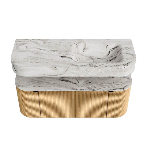 MONDIAZ THOR-DLUX 120cm meuble de salle de bains arrondi gauche + droite couleur Oak avec 1 tiroir et 2 portes. Vasque suspendue CLOUD Droite sans trou de robinet couleur Glace. SW1463087