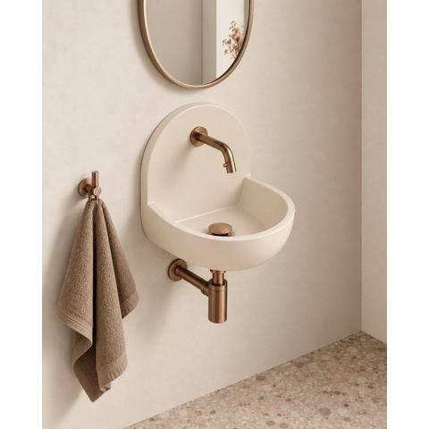 Saniclass Fuente pack lave-mains – demi-rond – 46,5 x 35 x 43,2 cm – Solid Surface crème – robinet cuivre brossé SW1587531