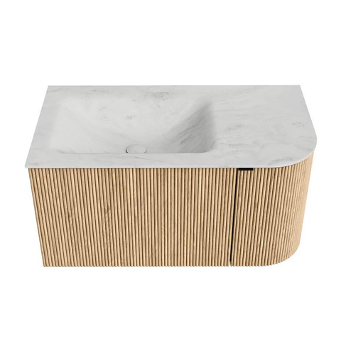 MONDIAZ KURVE-DLUX meuble de salle de bains 85cm avec module 25 R couleur chêne avec 1 tiroir et 1 porte. Lavabo CLOUD gauche 1 trou de robinet couleur Opalo. SW1137504