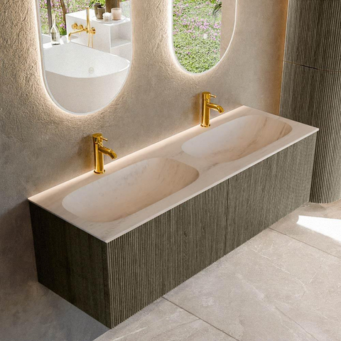 MONDIAZ KURVE-DLUX Meuble de salle de bains 140 cm couleur Shadow avec 2 tiroirs et 0 portes. Lavabo STOR SMALL Double 2 trous de robinet Meli. SW1431853