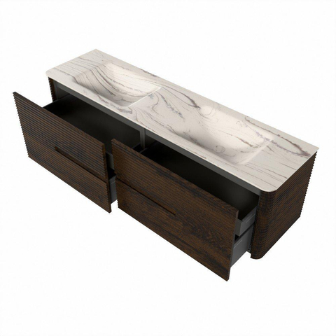 Mondiaz CIRO-DLUX Badkamermeubelset - 170x45x50cm - Solid surface wastafel Nata - 2 wasbak Dubbel - 2 kraangaten - 4 lades - Walnut SW1530617