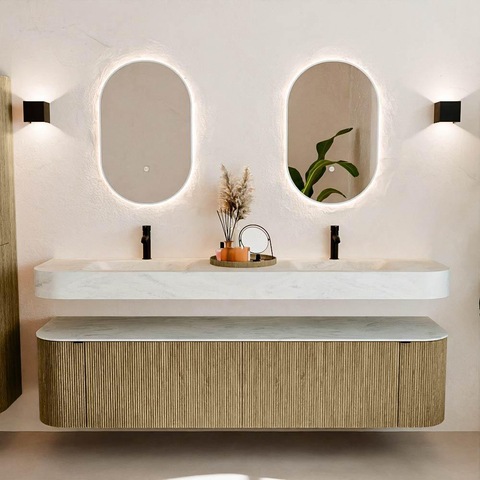 MONDIAZ THOR-DLUX 190cm meuble de salle de bains arrondi gauche + droite couleur Dusk avec 2 tiroirs et 2 portes. Vasque suspendue CLOUD Double 2 trous de robinet couleur Opalo. SW1466473