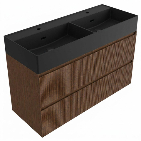 Saniclass Holz Atelier Badkamermeubelset - 120x45x72cm - Legend keramische wastafel mat zwart - 2 wasbakken - zonder kraangaten - 2 lades - mat walnut pure (hout) SW1579632