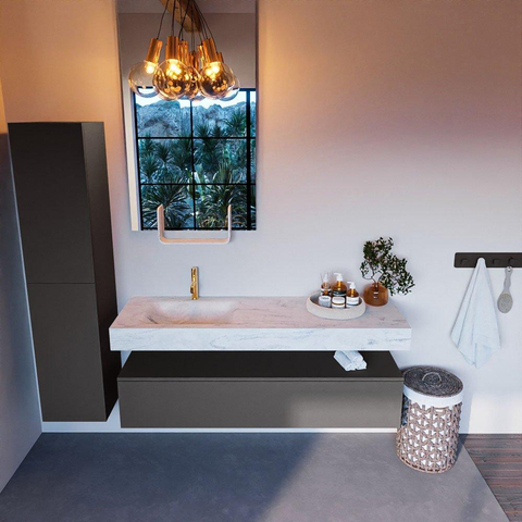 Mondiaz ALAN-DLUX Ensemble de meuble - 150cm - meuble Dark grey mat - 1 tiroir - Lavabo Cloud Opalo suspendu - vasque Gauche - 1 trou de robinet SW806434