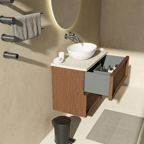 Saniclass Holz Frame Badkamermeubelset - 80x45x63cm - Travertine natuurstenen topblad - zonder kraangat - 2 lades - mat walnut pure (hout) SW1580027