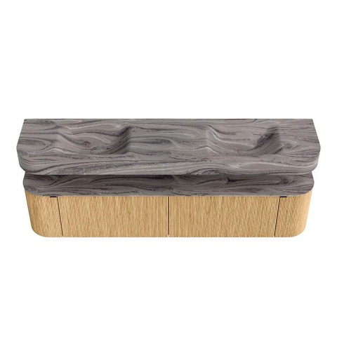 MONDIAZ THOR-DLUX 200cm badmeubel ronding links + rechts kleur Oak met 2 lades en 2 deuren. Vrijhangende wastafel CLOUD Dubbel zonder kraangat kleur Sombra. SW1467251
