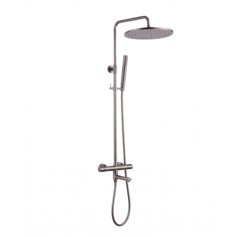 Fortifura Calvi Regendoucheset - thermostatisch - 30cm hoofddouche - gladde slang - staaf handdouche - draaibare baduitloop - Geborsteld Gunmetal PVD SW1592483