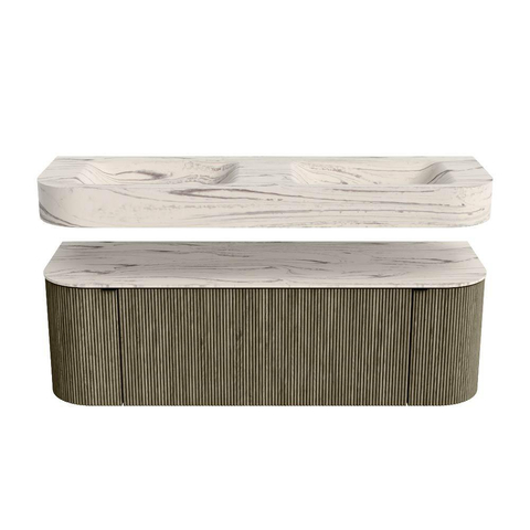 MONDIAZ THOR-DLUX Meuble de salle de bains 140cm arrondi gauche + droite couleur Shadow avec 1 tiroir et 2 portes. Vasque suspendue CLOUD Double sans trou de robinet couleur Nata. SW1464234