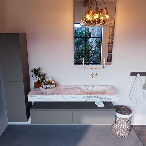 Mondiaz ALAN-DLUX Ensemble de meuble - 150cm - meuble Plata mat - 2 tiroirs - Lavabo Cloud Glace suspendu - vasque Droite - 0 trous de robinet SW806221