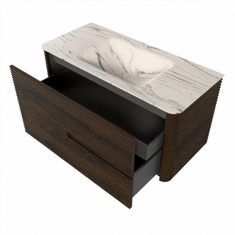 Mondiaz CIRO-DLUX Meuble de salle de bains - 100x45x50cm - Plan-vasque solid surface Nata - 1 vasque au milieu - sans trous de robinetterie - 2 tiroirs - Noyer SW1530566
