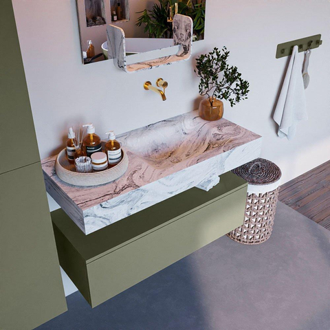 Mondiaz ALAN-DLUX Ensemble de meuble - 100cm - meuble Army mat - 1 tiroir - Lavabo Cloud Glace suspendu - vasque Droite - 0 trous de robinet SW806140