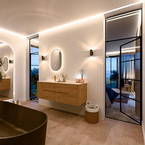 Mondiaz CIRO-DLUX Ensemble de meubles de salle de bains - 150x45x50cm - Vasque solid surface Frappe - 1 lavabo à gauche - 1 trou de robinet - 4 tiroirs - Chêne SW1530875
