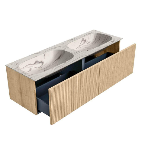 MONDIAZ KURVE-DLUX 140cm badmeubel kleur Oak met 2 lades en 0 deuren. Wastafel STOR SMALL Dubbel 2 kraangaten Nata. SW1432139
