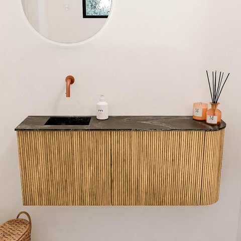 Mondiaz JOYA-DLUX 101.6cm meuble de salle de bains - arrondi droit couleur Oak - Vasque FAYE position Gauche Sans trou de robinet couleur Lava. SW1422114
