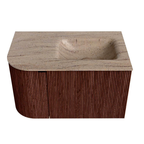 MONDIAZ KURVE-DLUX Meuble de salle de bains 75cm arrondi à gauche couleur Ruby avec 1 tiroir et 1 porte. Lavabo GRUNNE à droite sans trou de robinet Saba. SW1433427