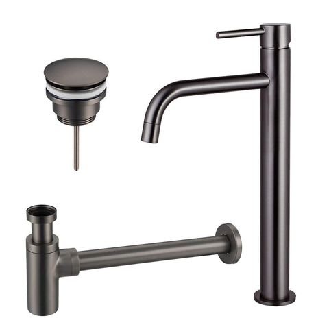 FortiFura Calvi Slim Kit mitigeur lavabo - robinet rehaussé - bonde clic clac - siphon design - PVD Gunmetal SW915284