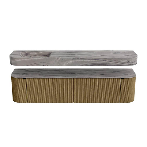 MONDIAZ THOR-DLUX Meuble de salle de bains 190cm arrondi gauche + droite couleur Dusk avec 2 tiroirs et 2 portes. Vasque suspendue CLOUD Gauche sans trou de robinet couleur Sombra. SW1466721
