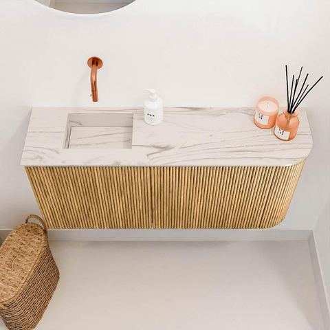 Mondiaz JOYA-DLUX 91.6cm toiletmeubel - ronding rechts kleur Oak - Wastafel FAYE positie Links Zonder kraangat kleur Nata. SW1424053