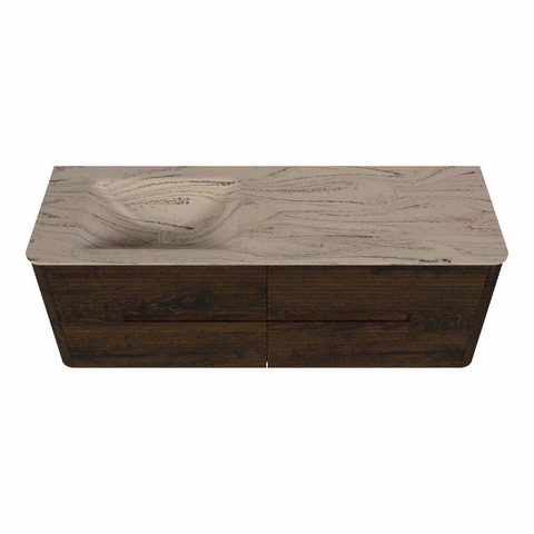 Mondiaz CIRO-DLUX Ensemble de meubles de salle de bains - 140x45x50cm - plan vasque solid surface Arena - 1 vasque à gauche - sans trous de robinet - 4 tiroirs - Noyer SW1530450