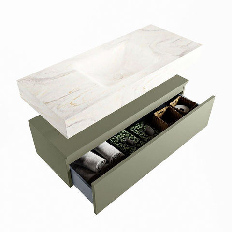 Mondiaz ALAN-DLUX Ensemble de meuble - 110cm - meuble Army mat - 1 tiroir - Lavabo Cloud Ostra suspendu - vasque Centre - 1 trou de robinet SW807722