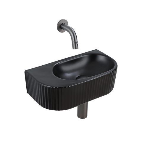 QeramiQ Fuente pack lave-mains – demi-rond – 40 x 21,5 x 12 cm – sans perçage – robinet gunmetal – cannelé SW1233120