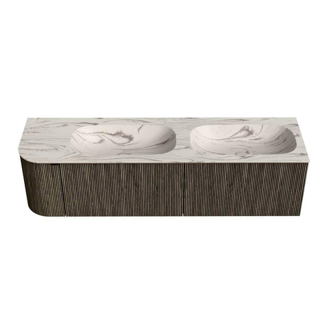 MONDIAZ KURVE-DLUX 165cm badmeubel ronding Links kleur Shadow met 2 lades en 1 deur. Wastafel STOR SMALL Dubbel / Rechts zonder kraangat Nata. SW1432339
