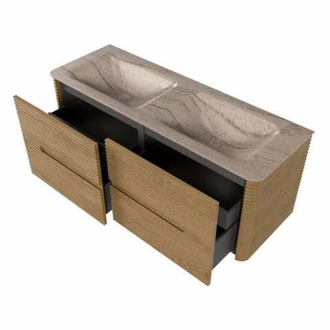 Mondiaz CIRO-DLUX Ensemble de meubles de salle de bains - 130x45x50cm - plan-vasque solid surface Saba - 2 vasques Double - sans trous de robinet - 4 tiroirs - Chêne SW1531197