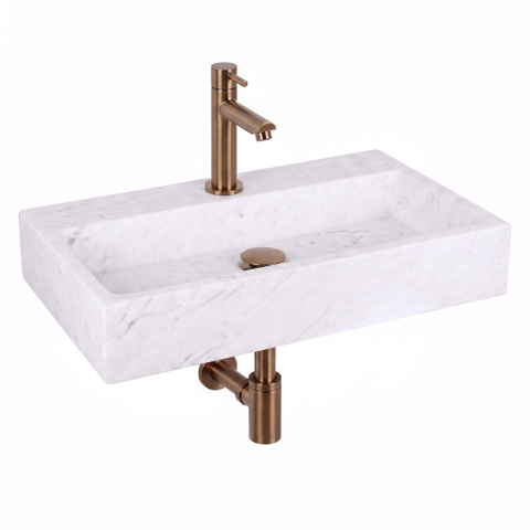 Fortifura Fuente pack lave-mains – rectangulaire – 38 x 24 x 8 cm – marbre blanc – robinet cuivre SW1111485