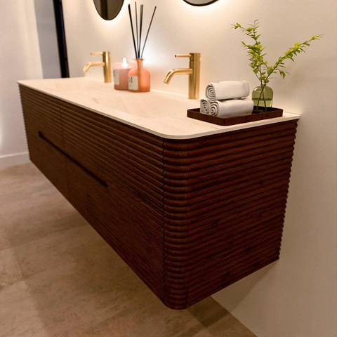 Mondiaz CIRO-DLUX Badkamermeubelset - 170x45x50cm - Solid surface wastafel Meli - 2 wasbak Dubbel - 2 kraangaten - 4 lades - Ruby SW1531797